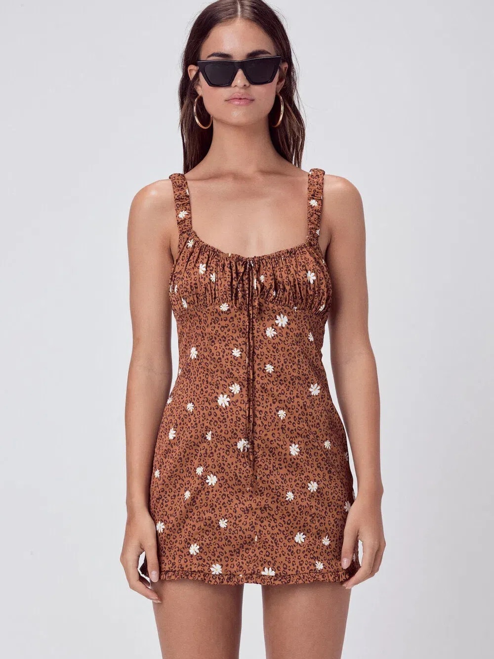 NWT For Love And Lemons Brown Leopard Floral Mini Dress